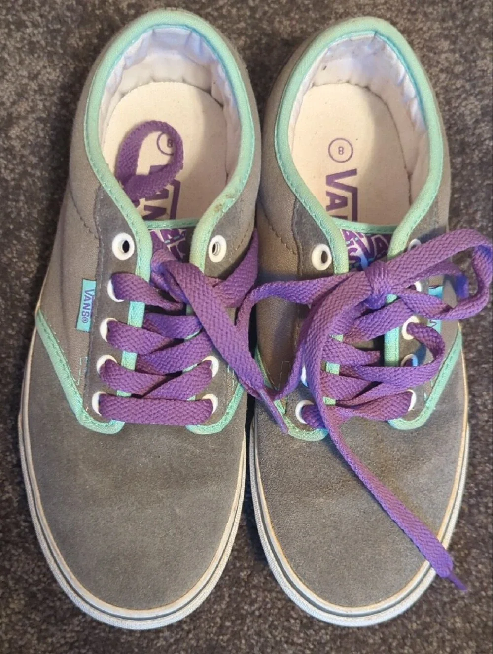Vans Women's Gray Suede Sneakers with Purple Laces and Mint Trim